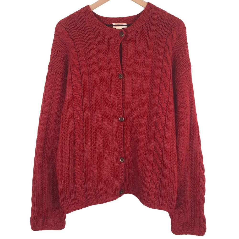 VTG J.CREW 100% Shetland Wool Cable Fisherman Knit Cardigan Sweater Womens L Red